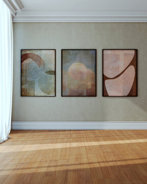 Rendering 3d, illustration, vertical empty gallery room background with three abstract paintings on beige wall, curtain and wooden parquet floor