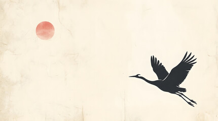 Fototapeta premium Japanese style illustration of a crane flying before a red sun