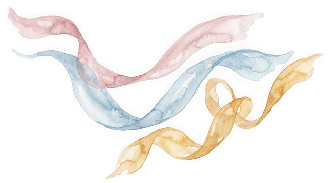 Set of three flowing watercolor ribbons in pink, blue, and gold isolated on transparent background
