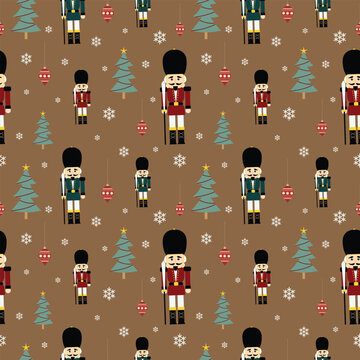 Christmas Nutcracker Seamless Pattern, Festive Soldiers, Trees, Ornaments and Snowflakes Holiday Background. Seamless Christmas