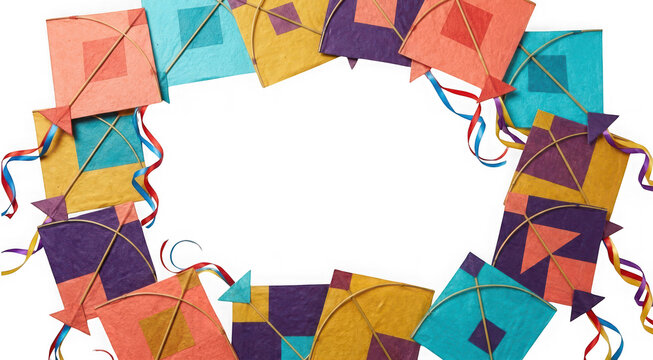 Frame made of colorful traditional kites with ribbons arranged in a rectangle isolated on transparent background