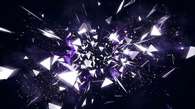 Abstract explosion of glowing white geometric triangles and shards with purple light particles on a dark black background