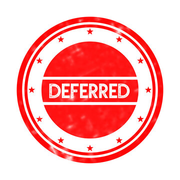 Red rubber stamp icon with the word DEFERRED in white capital letters, distressed grunge texture, isolated on white background