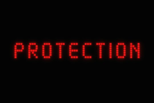 The word protection written in red glowing pixelated digital font against a solid black background text