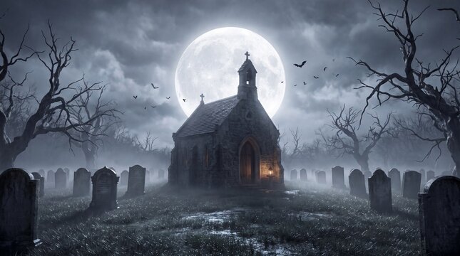 Gothic stone chapel in a misty graveyard at night, spooky cemetery with tombstones under a full moon, eerie horror landscape for Halloween