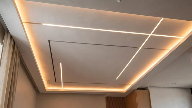 Modern Ceiling Design With Integrated Lighting And Wood Paneling.