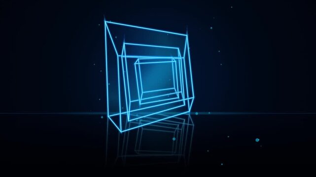 Neon blue rotating wireframe cube abstract motion background, with particle glow, and reflection