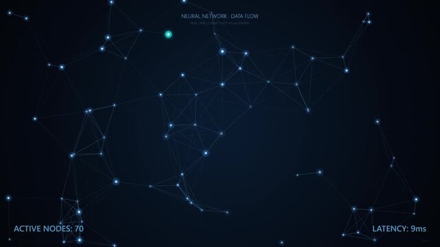 Global network data flow visualization with connected nodes and digital lines. Features active nodes metric and latency counter. Dark sci-fi interface graphic for cyber technology.