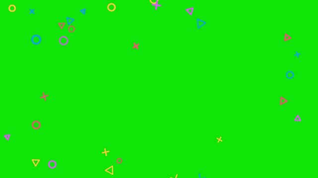 Green screen background with floating geometric shapes animation. Features circles, triangles, and crosses moving randomly. Chroma key video effect for video editing and motion graphics.
