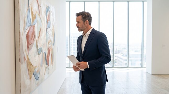 Sophisticated man in navy suit viewing abstract painting in modern art gallery, professional art collector observing contemporary artwork in museum