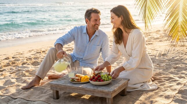 Romantic beach picnic with mature couple, luxury tropical vacation lifestyle, man and woman sharing fruit and drinks at sunset, seaside summer travel