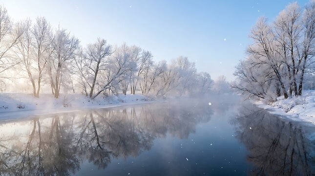 Beautiful winter landscape with frozen river and snow covered trees under a bright blue sky on a cold sunny january day