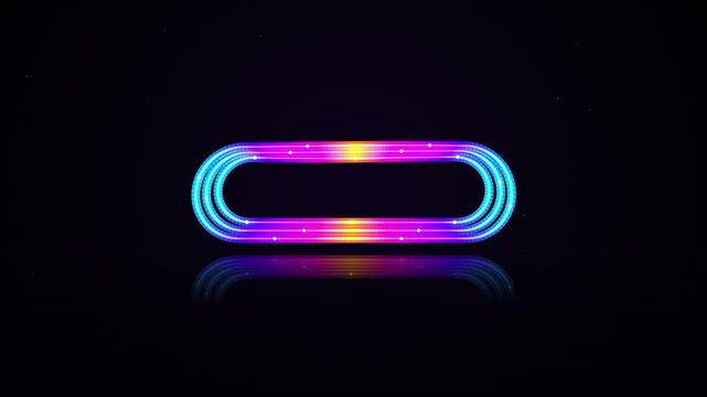 Neon glowing oval frame with pulsing light effect and reflection on dark background, border