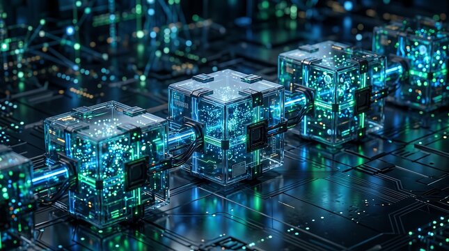 Blockchain network represented by glowing transparent cubes connected by bright blue and green light beams on a dark electronic circuit board