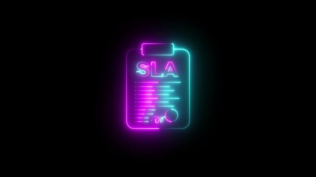 neon Service level agreement SLA document icon animation on black background.