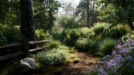 Naklejka premium A sunlit forest garden path winding through lush greenery wildflowers and tall trees with a rustic wooden fence