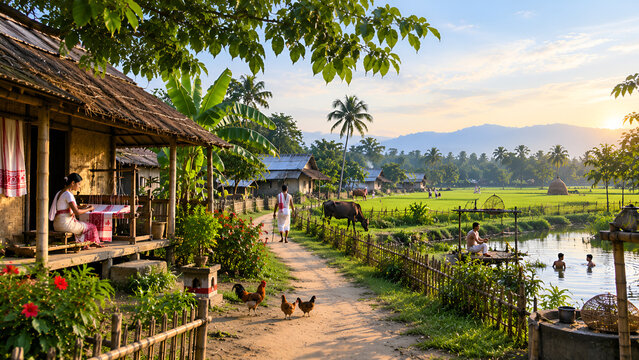 Assamese village morning time beautiful nature landscape