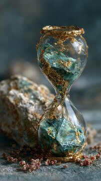 Glass hourglass filled with turquoise stones and gold