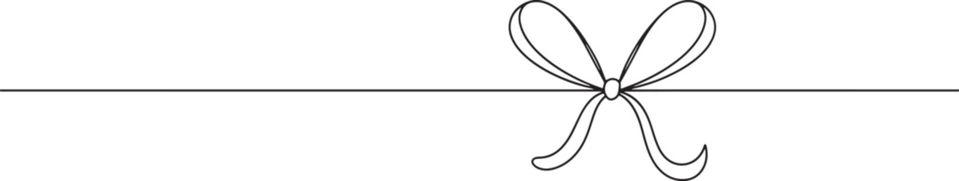 Simple black and white line of a gift ribbon tied in a bow with a horizontal string on a white background