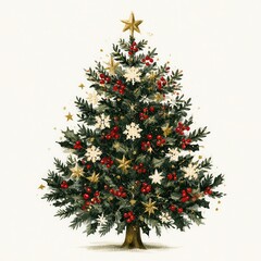 Naklejka premium Festive decorated Christmas tree with gold stars, red berries, white ornaments