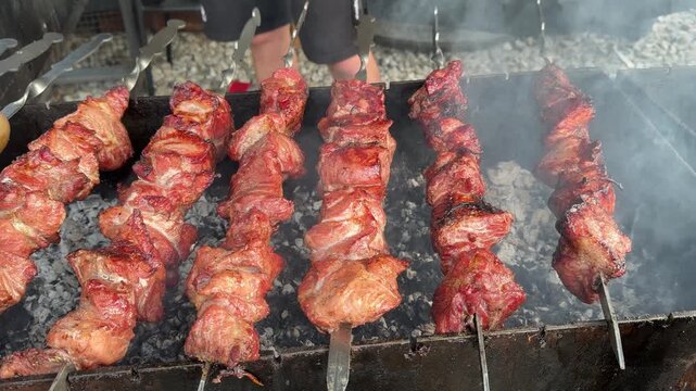 Traditional shashlik barbecue cooking over glowing charcoal in slow motion. Rows of juicy grilled meat skewers covered in golden crust as thick smoke rises from the outdoor grill.