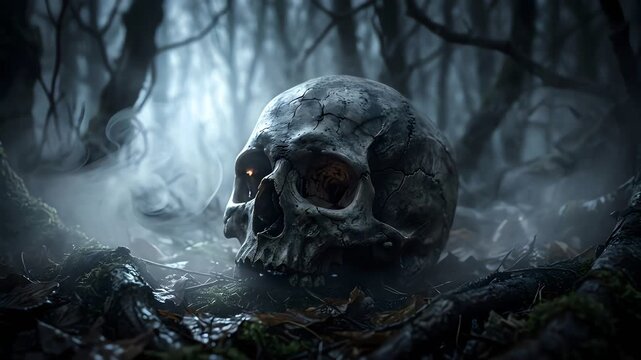 Old cracked human skull with glowing eyes in eerie dark forest with mist. Spooky Halloween horror concept.

