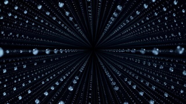 Glowing blue particles move through dark radial tunnel pattern with symmetrical depth effect, creating abstract digital light motion on black background with sparkling points and dynamic perspective