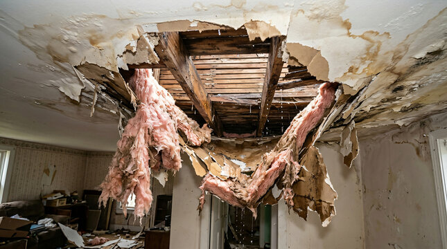 Severe water damage with a large collapsed ceiling hole exposing wooden joists, wet pink fiberglass insulation hanging down, peeling drywall, mold stains, and active dripping water inside a room.