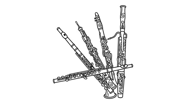 Black and white line art vector drawing of woodwind musical instruments including flute oboe and clarinet