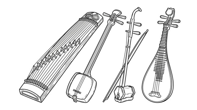 Black and white sketch illustration of traditional Asian musical instruments like guzheng, shamisen, erhu, and pipa isolated on white background