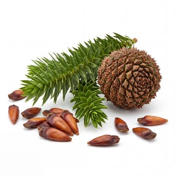 Araucaria angustifolia branch with pine cone and pinhao seeds isolated on white, Brazilian pine nuts from southern Brazil