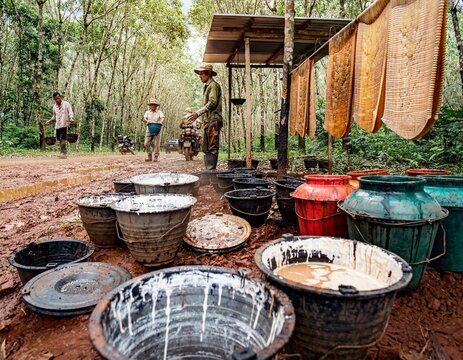 Rubber Collection Along a Rural Road