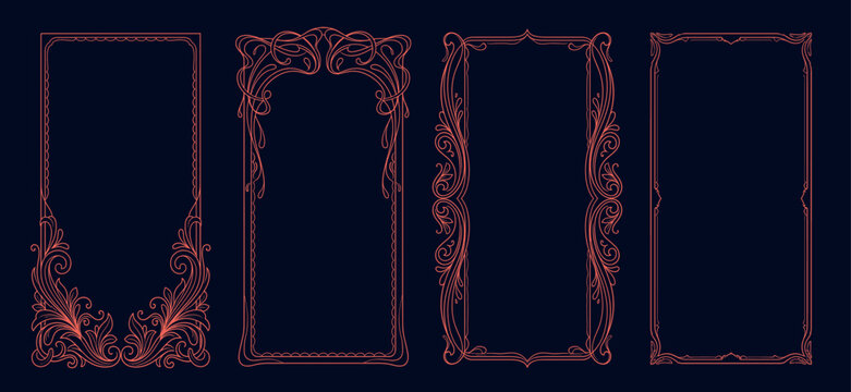 Gothic game frame with medieval ornament and fantasy pattern. Dark tarot border design with occult elements and vampire cathedral spikes. Antique decoration with geometric lines for RPG interface.