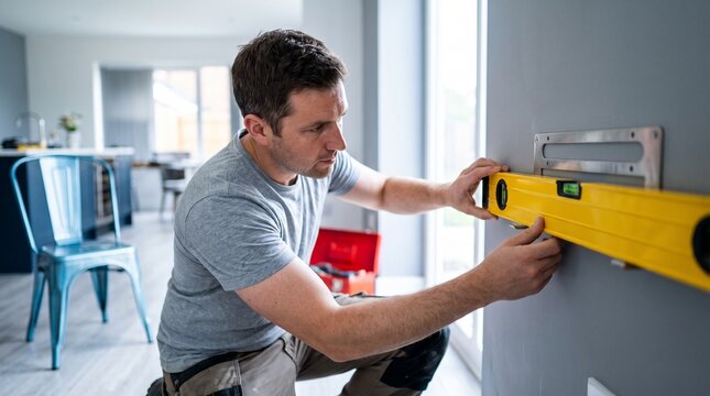 Man aligning metal wall bracket with yellow spirit level in modern home during DIY home improvement task