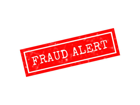 A rectangular red rubber stamp with the text fraud alert written in white capital letters, isolated on a solid black background, for security warnings isolated on a transparent background