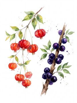 Watercolor illustration of Brazilian summer fruits, red pitanga Surinam cherry and dark jabuticaba berries on branches, isolated on white