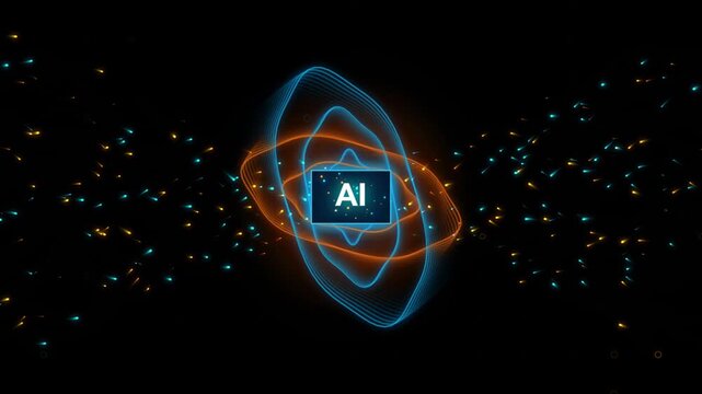 Abstract Digital Artificial Intelligence Concept with Glowing Blue and Orange Waves and Particles on Dark Background