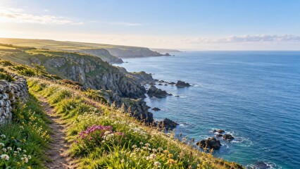Fototapeta premium Wildflower lined coastal path above sea cliffs and a calm blue ocean
