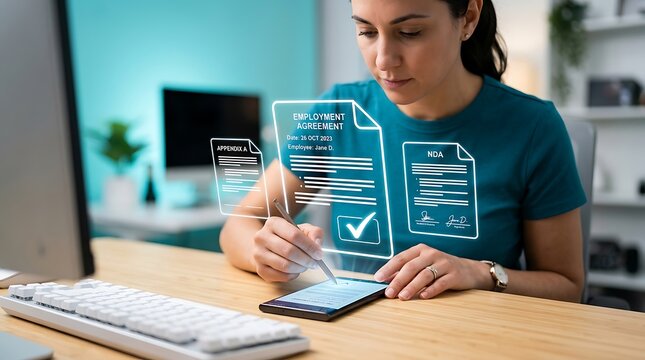 Businesswoman signing digital employment agreement and nda documents on smartphone