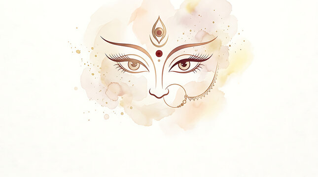 Soft watercolor painting of a divine goddess face with a traditional bindi and nose ring on a minimalist light background watercolor painting