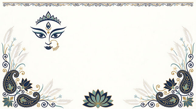 Stylized artistic graphic illustration of a goddess face with paisley corner ornaments and lotus flower on a white background ornament spiritual