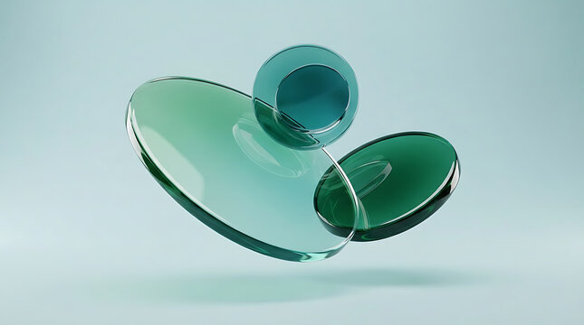 Abstract composition of floating circular green glass elements with soft lighting floating shapes translucent discs modern design geometric