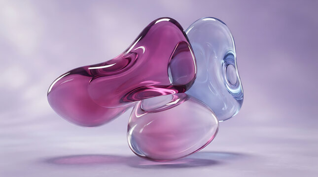 Abstract composition of three smooth organic glass shapes in purple pink light blue tones against a soft studio backdrop abstract artistic