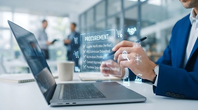 Business professional using digital interface for procurement management and supply chain workflow tracking