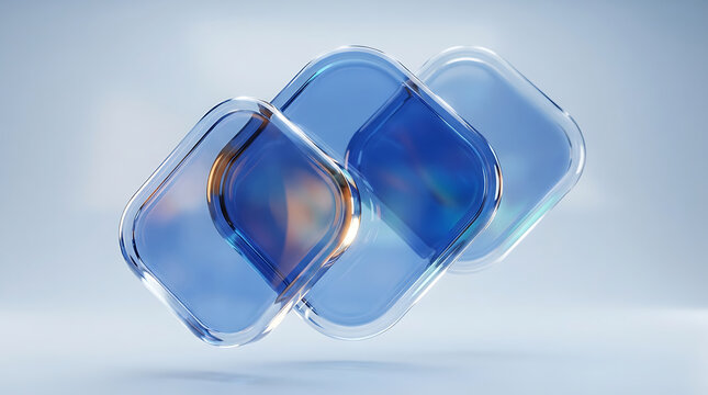 Three floating translucent blue glass square frames on a soft light blue background with transparent abstract geometric reflection background