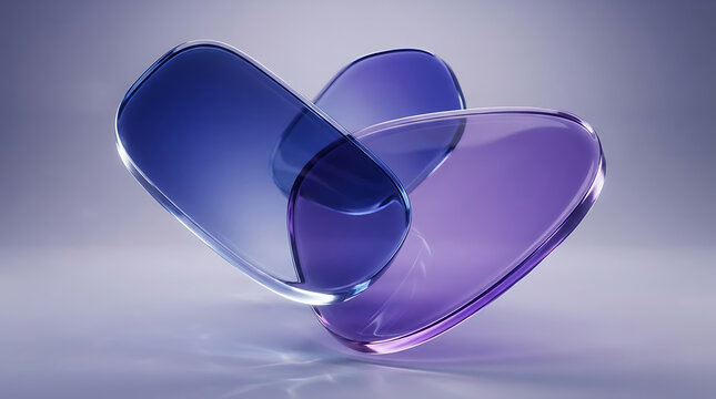 Two overlapping translucent purple and blue glass heart shapes with smooth edges translucent abstract geometric reflection background