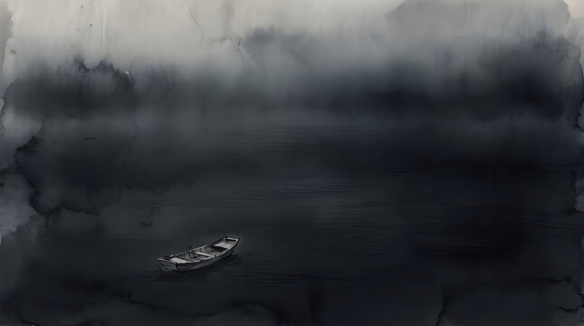 Lonely boat in a dark foggy watercolor illustration