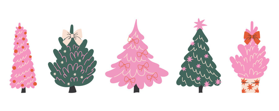 Whimsical pink coquette Christmas trees with ribbon bows on white background.