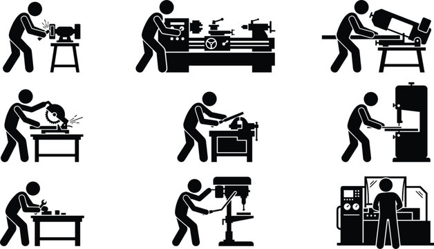 Industrial machinist factory worker icon set showing operator using lathe metal drill press band saw machinery and grinder tool vector