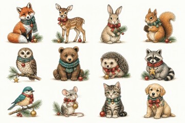 Fototapeta premium Cute woodland animals in festive winter holiday illustrations